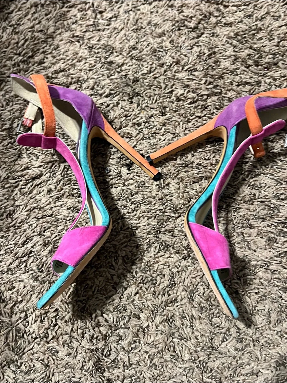 B Brian Atwood Pink, Teal & Orange Suede T-Strap Heels